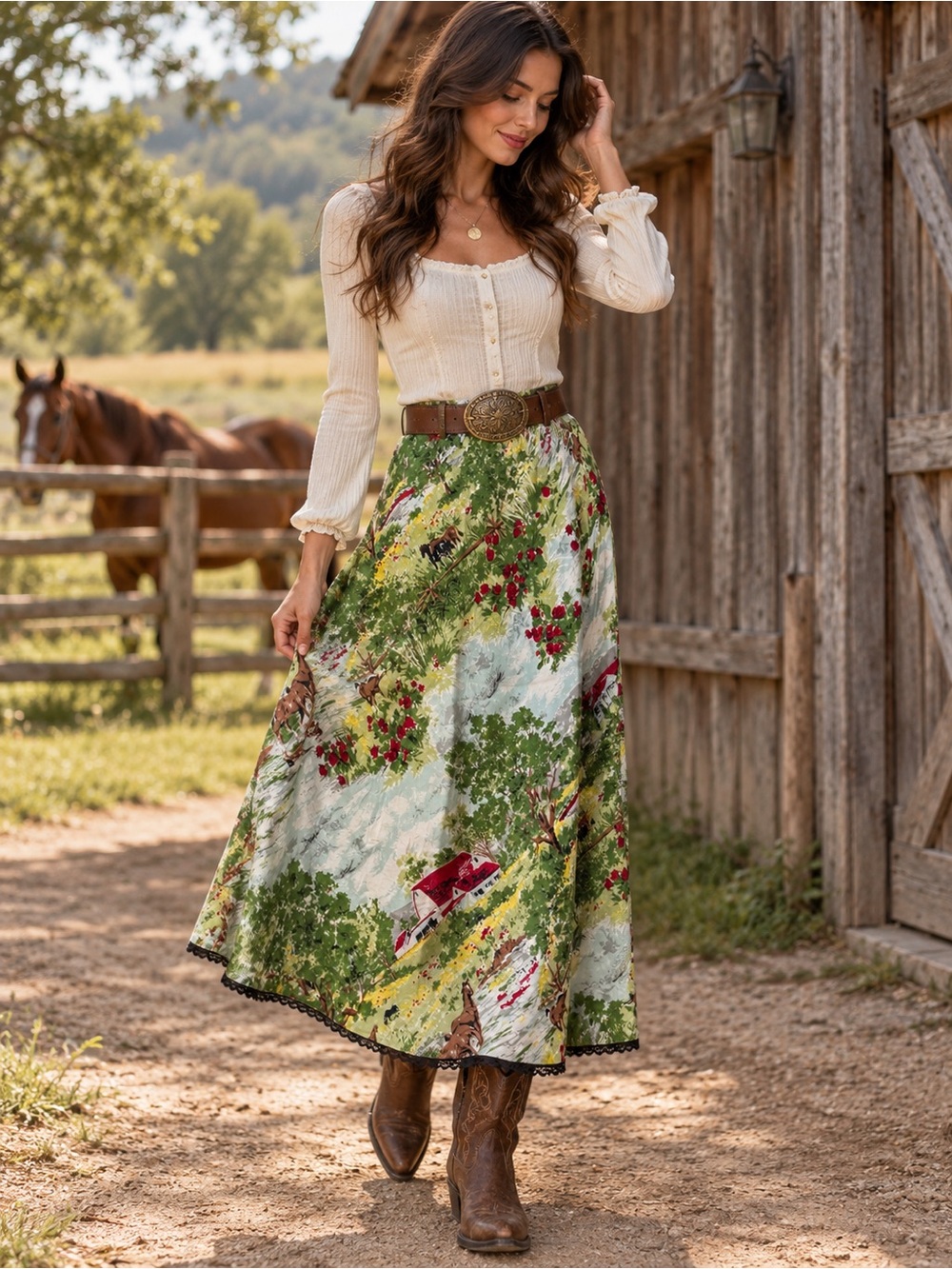 Vintage Y2K GAP 100% Silk Scenic Horse Countryside Midi Skirt sz 8